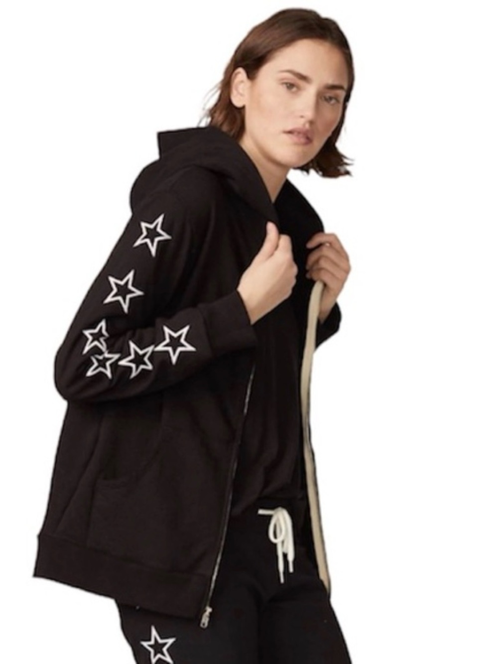 Monrow Black Zip Hoodie with White Star Sleeve Accents